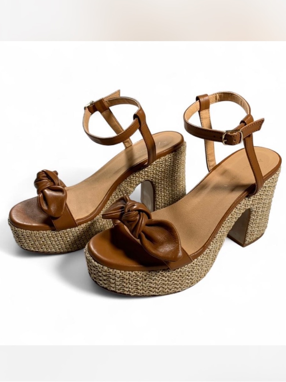 Anthropologie Bow Strap Platforms in Brown Leather and Raffia Boho 70s Girly